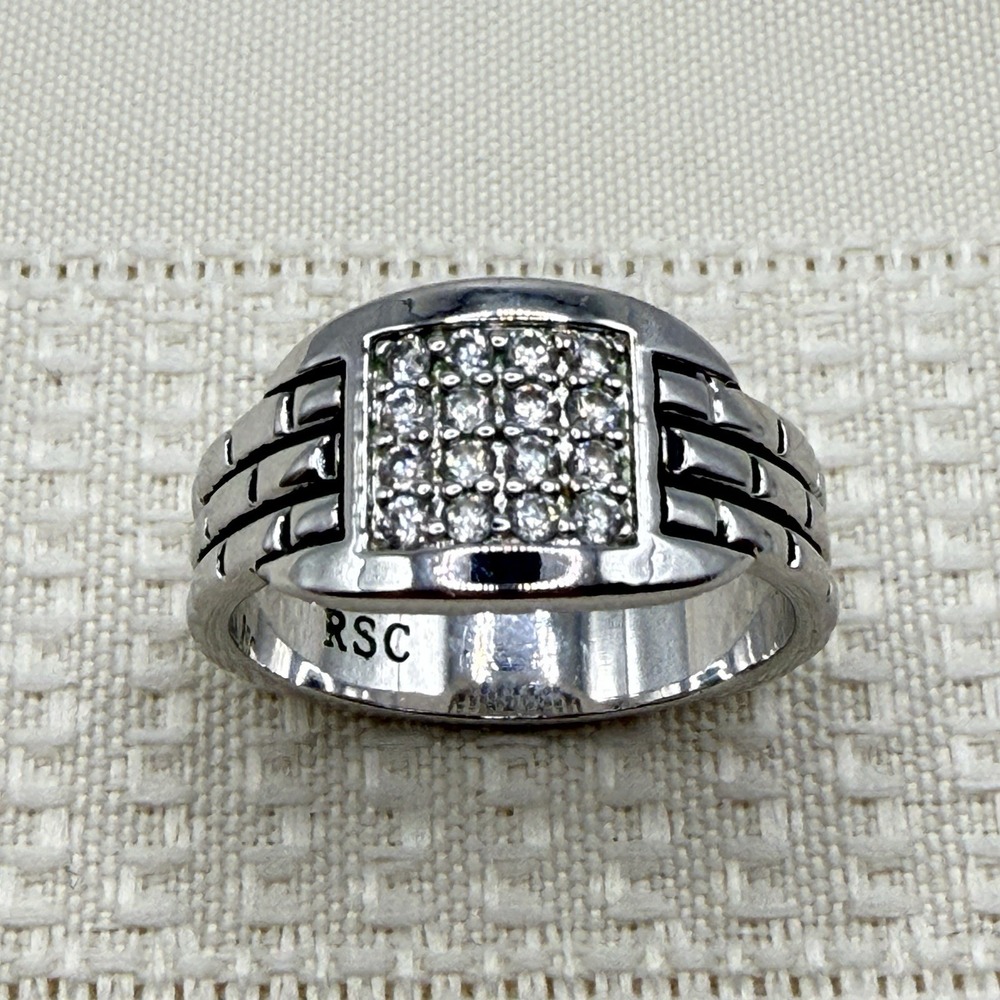 Men's RSC Cigar Band Ring Silver Tone 4 Row CZ Stones Brick Texture Size 11.75